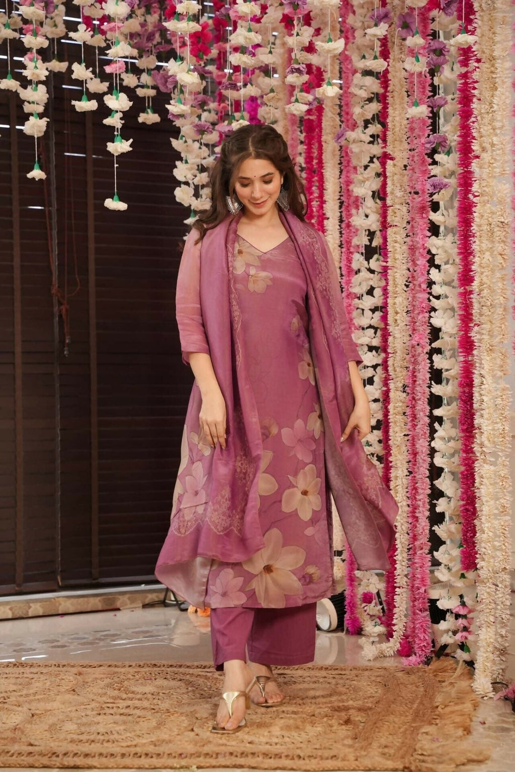 The52 Onion Gorgeous Floral Printed Zarna Silk Fabric Straight Kurta Pant with Dupatta Set