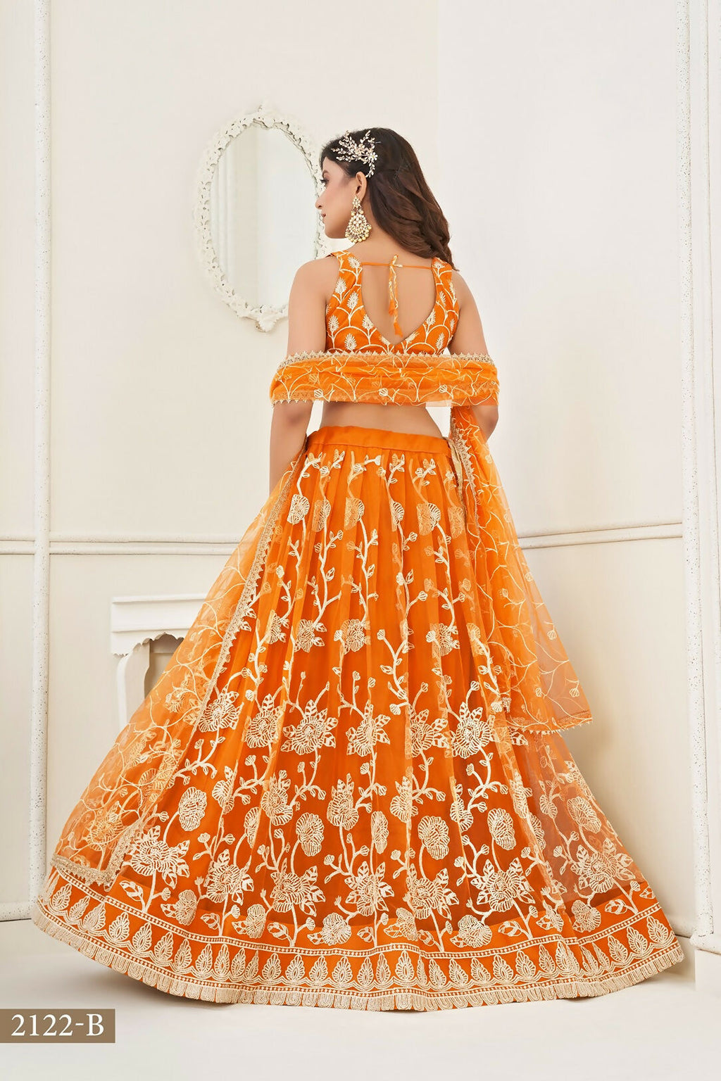 Eilara Women'S Orange Butterfly Net With Sequins And Embroidery Work Lehenga Choli For Wedding