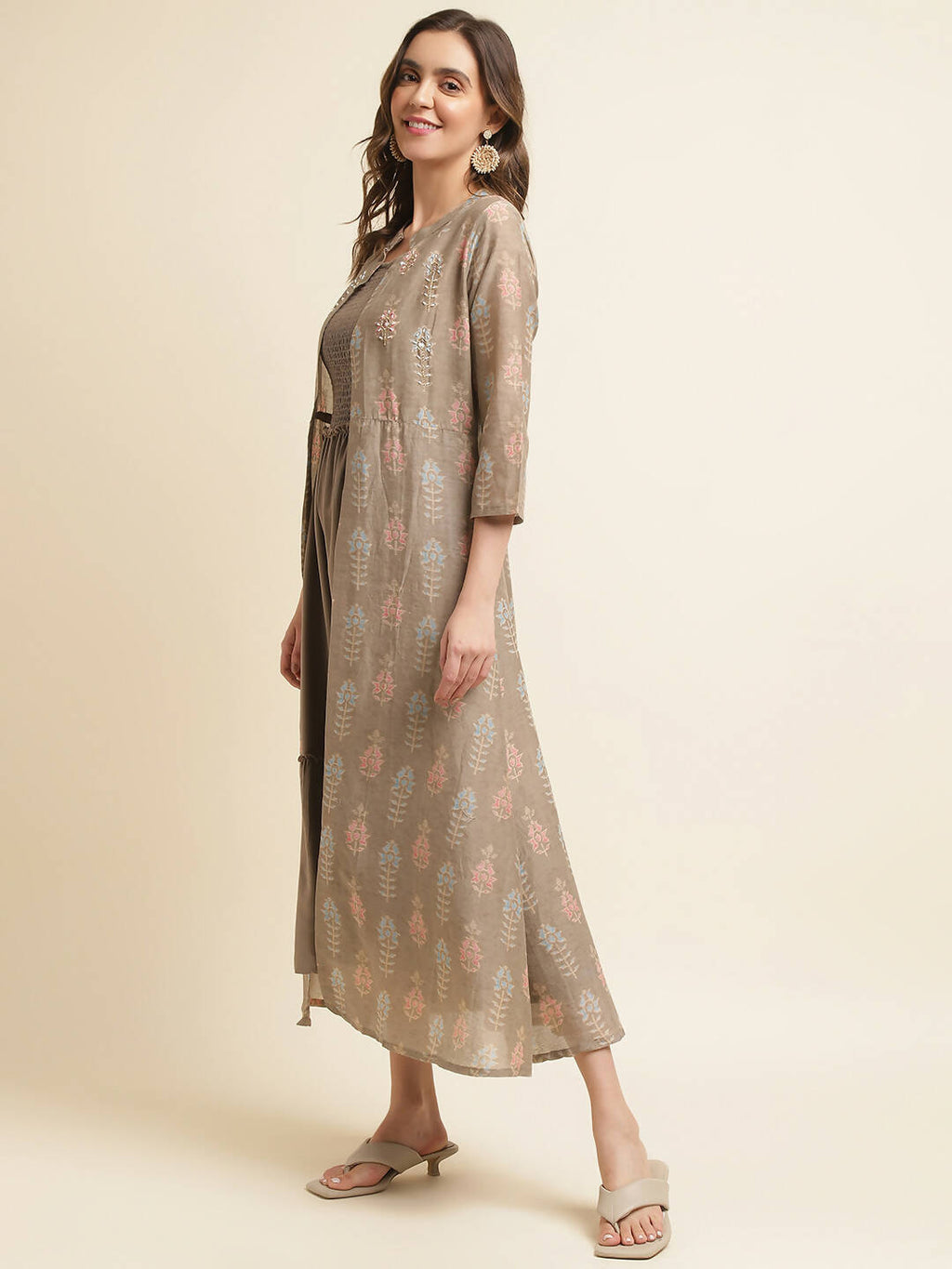 Brown Cotton Solid Flared Dress with Printed Shrug - Yukti