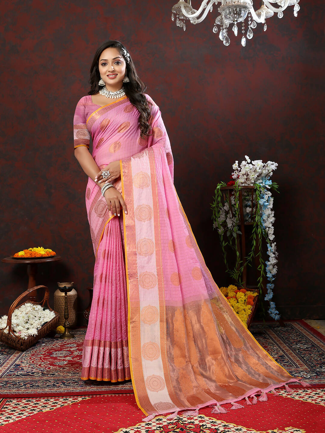 Lorenvalley Fashion Pink Cotton with Woven Design Zari Weaving Saree