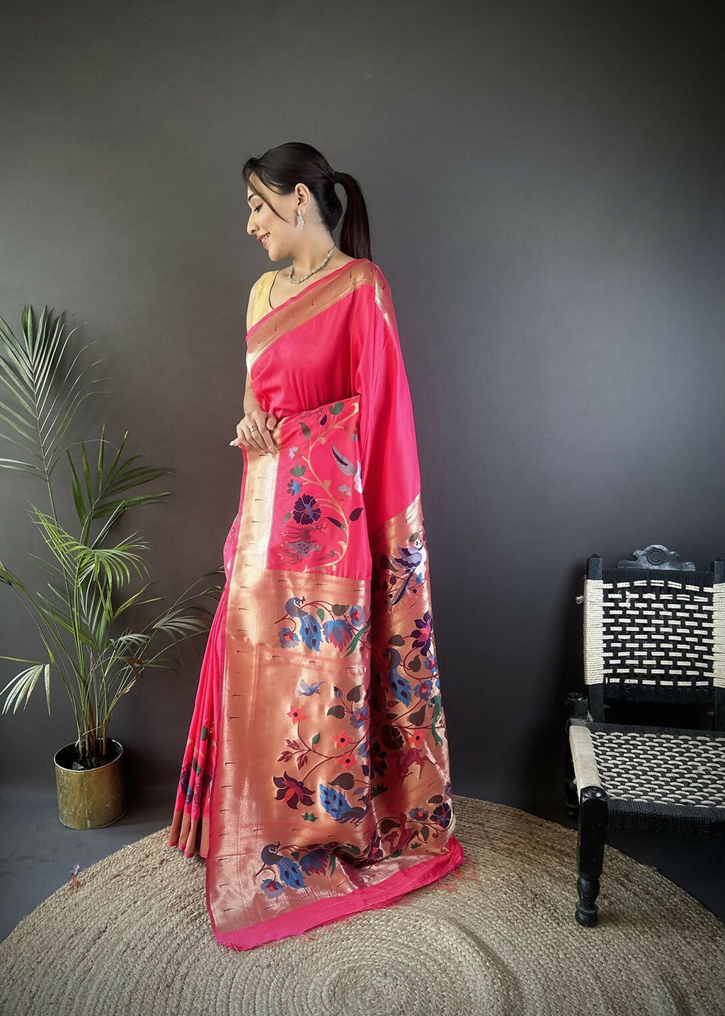 Joban Fashion Pink Floral Paithani Sarees