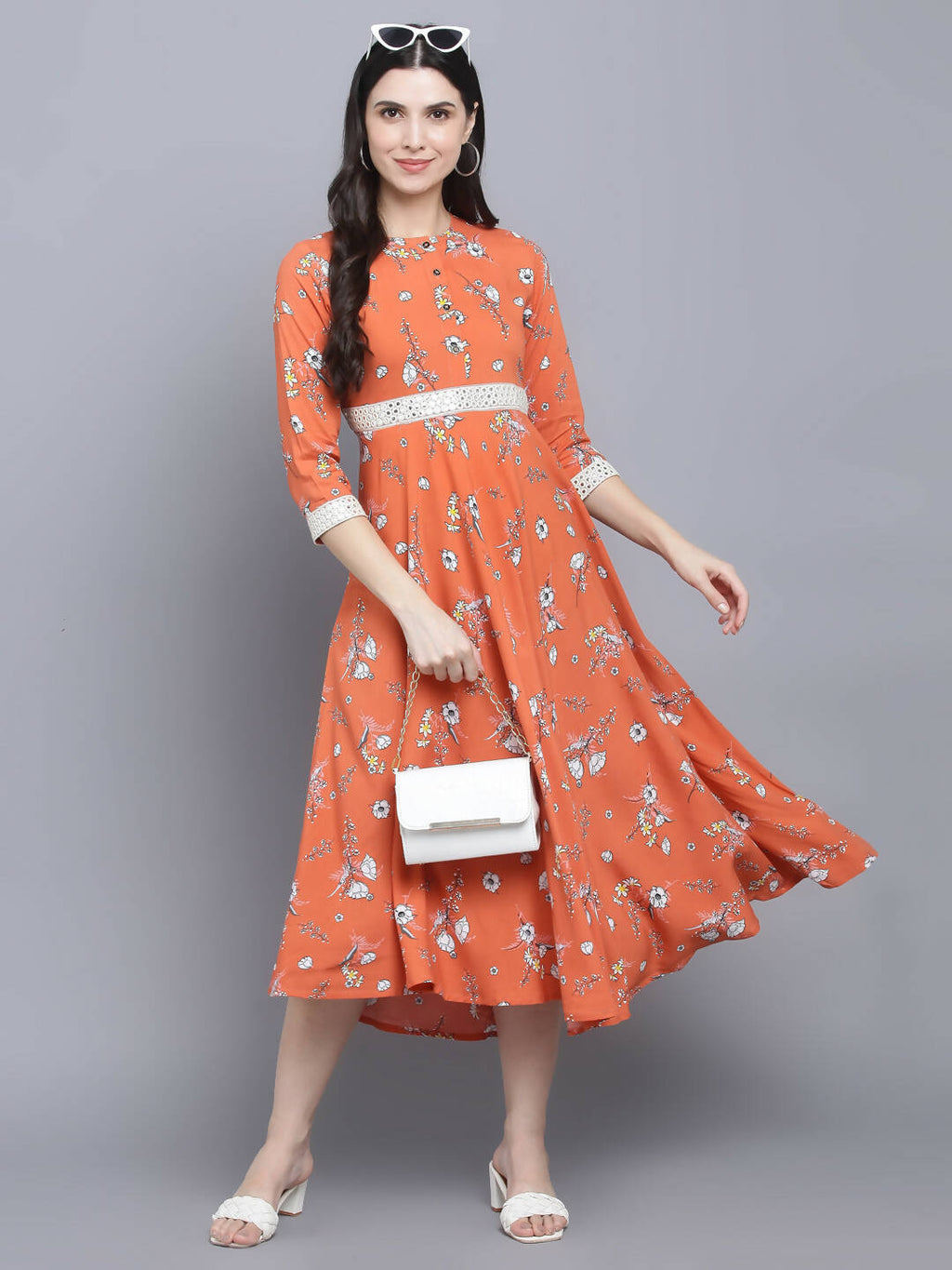 Myshka Women's Orange Floral Midi Dress