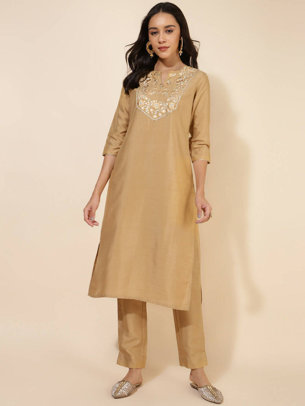 Janasya Women's Gold Crepe Silk Yoke Embroidery Festive Straight Kurta Set