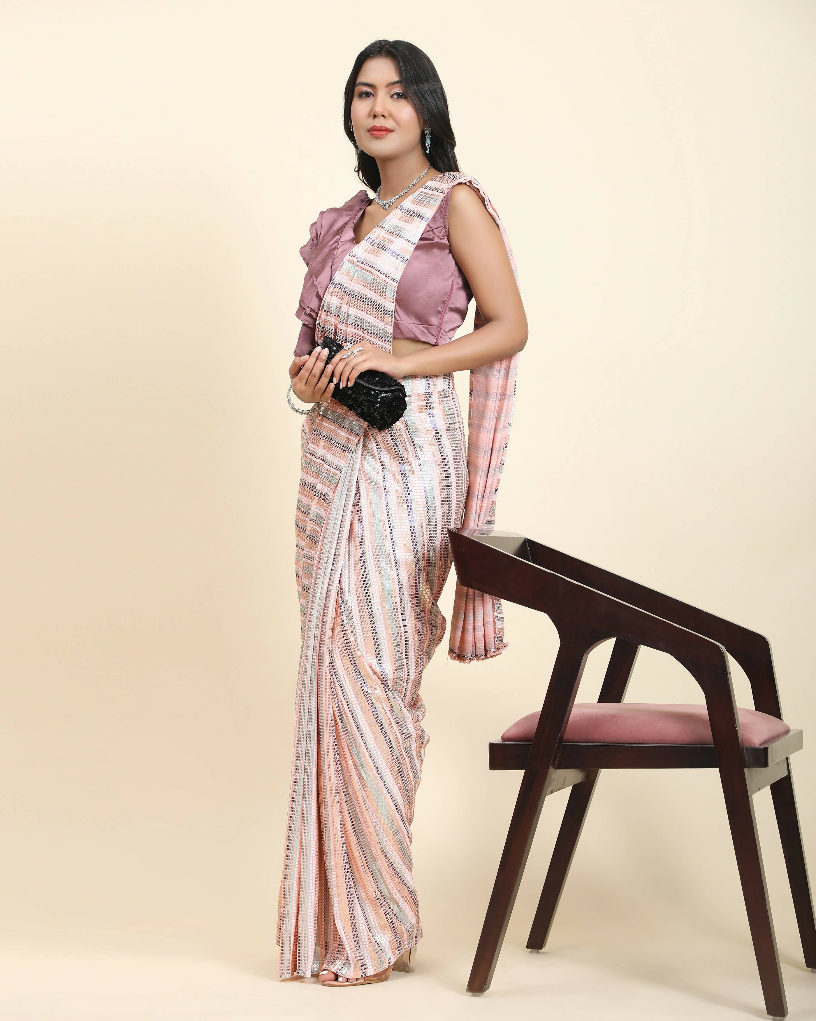 Peach Pure Georgette Sequence work Ready to wear Saree with stitched Blouse - Satiksha