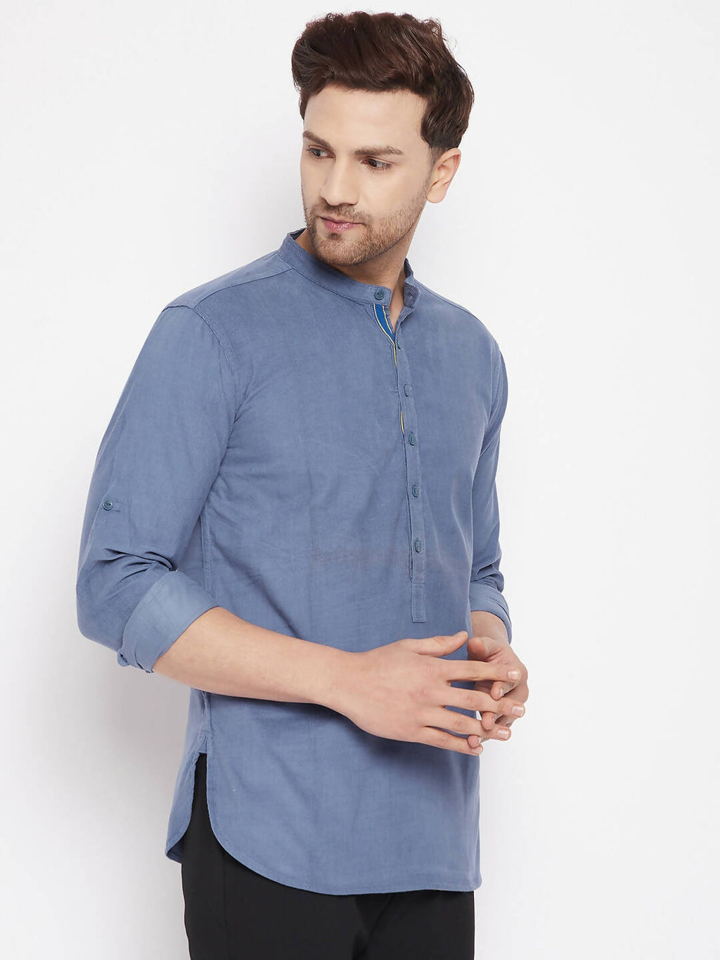 Even Apparels Blue Color Pure Cotton Short Men's Kurta With Band Collar