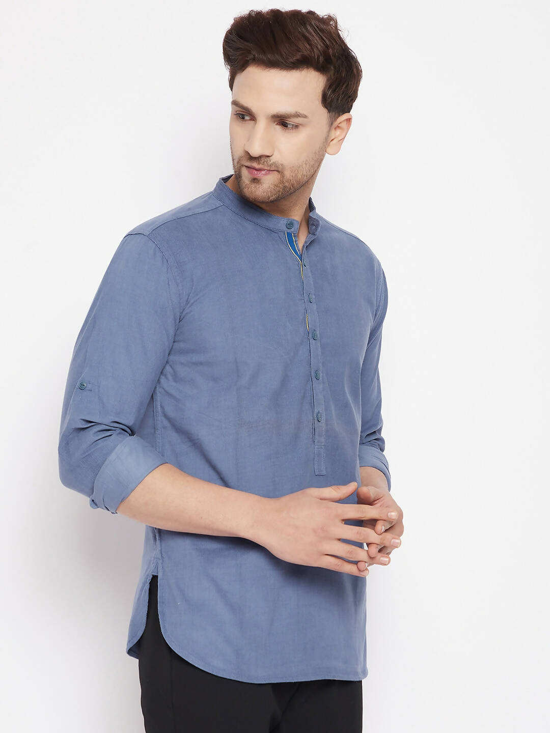 Even Apparels Blue Color Pure Cotton Short Men's Kurta With Band Collar