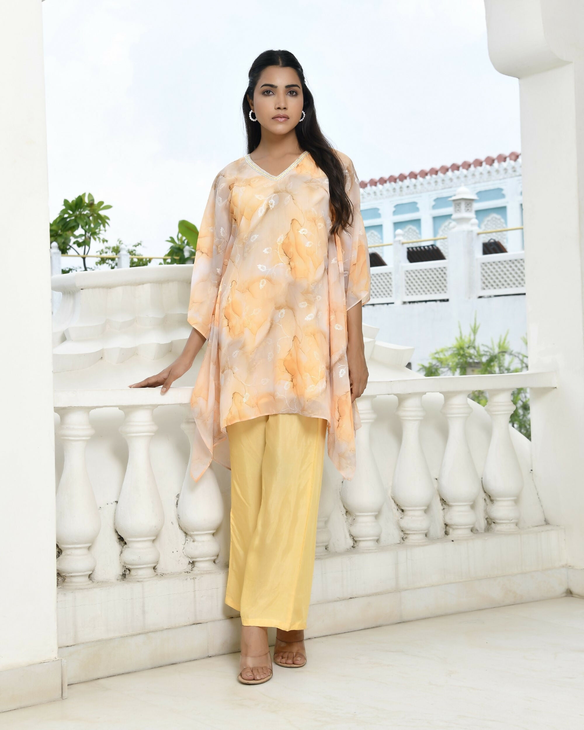 Vaasva Women's Lemon Georgette Marble Print Kaftan Pant Set