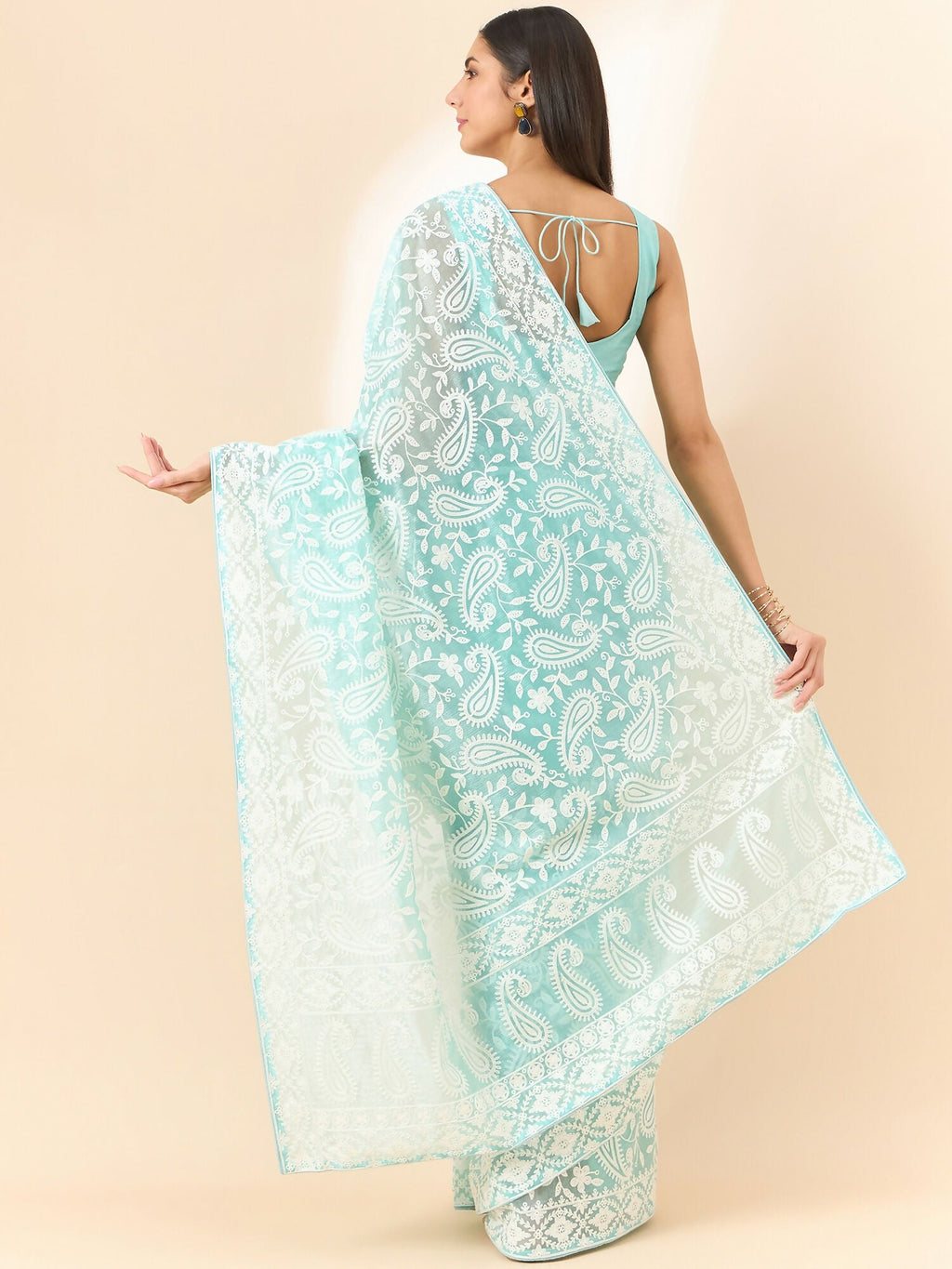 Blue Organza Paisely Embroidered Saree with Unstitched Blouse Piece - Roozal
