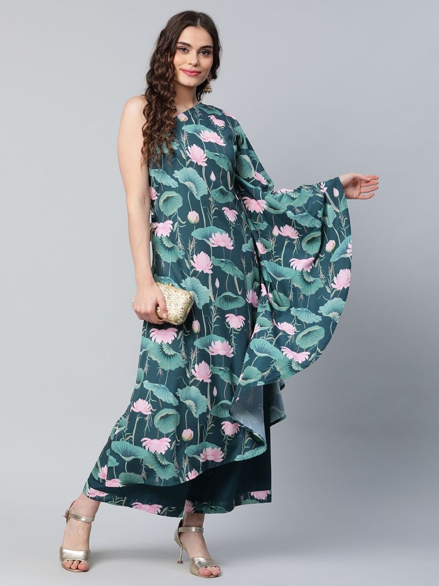 Ahalyaa Women Green Crepe Floral Printed Kurta with Palazzo Set