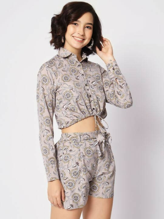 Grey Crepe Floral Printed Top with Matching Shorts Set - Shivani