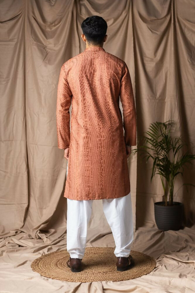 Reddish Orange Rayon Thread Embroidery Work Kurta Set - Mahotsav
