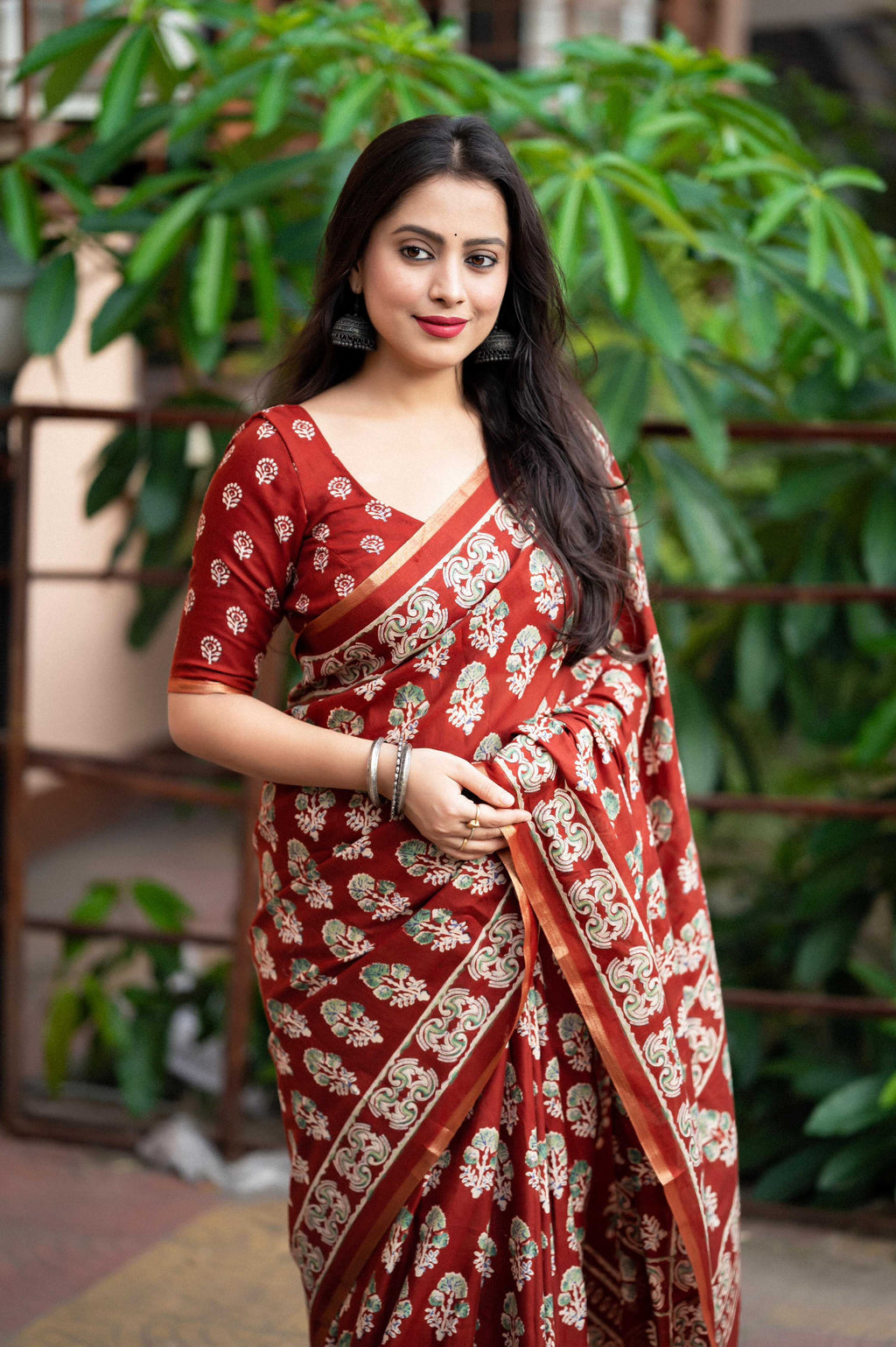 Red Cotton Blend Ajrak Saree with Unstitched Blouse - Hiral Fashion