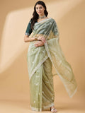 Green Organza Sequence Embroidered Saree with Unstitched Blouse - Satya