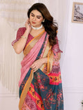 PR Fashion Orange Handloom Linen Cotton Zari Saree