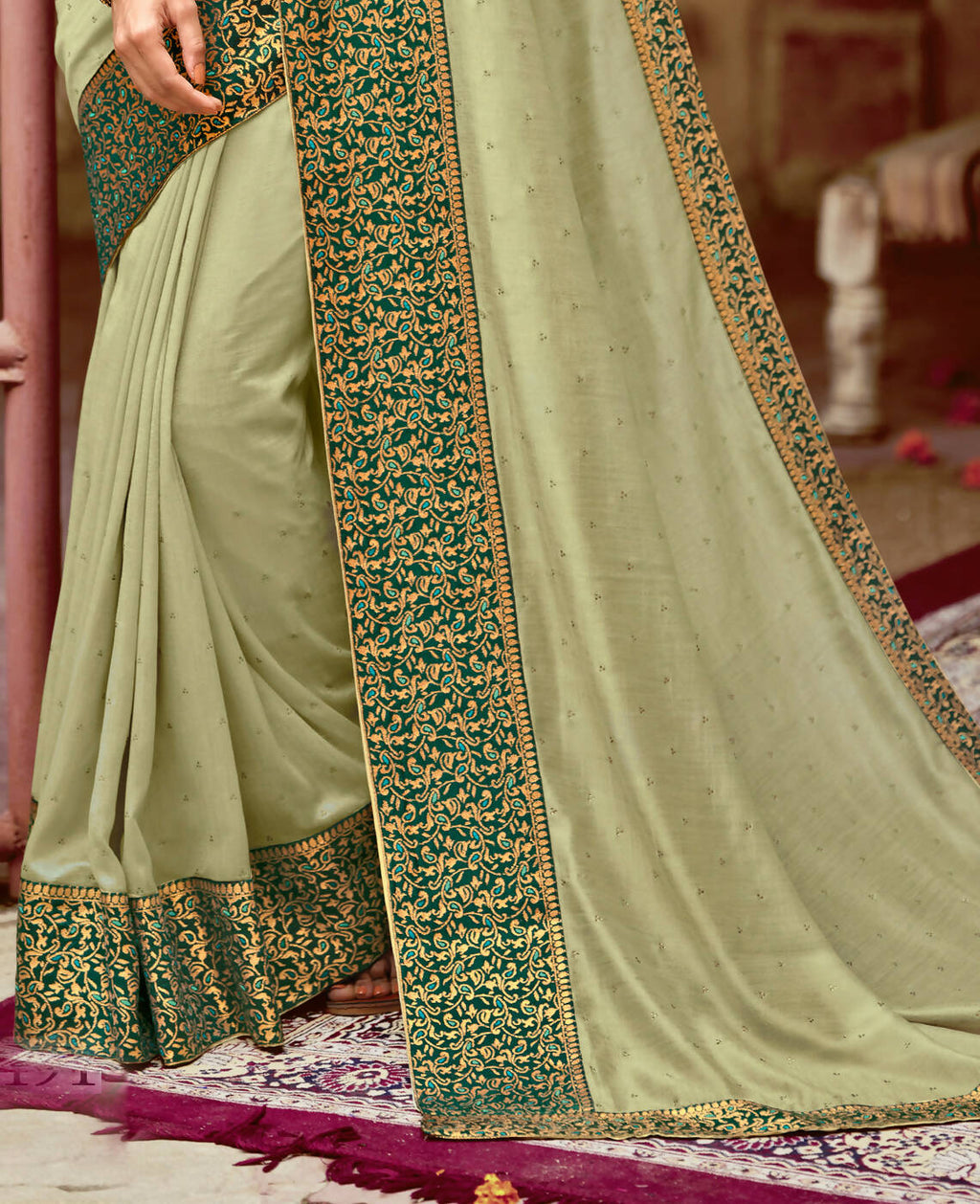 Green Vichitra Stone Work Saree With Unstitched Blouse Piece - Rosy