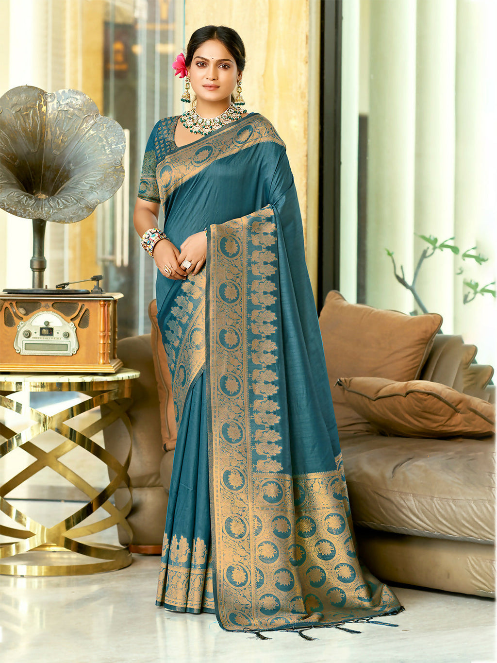 Sangam Prints Ocean Blue Assam Silk Woven Work Traditional Saree