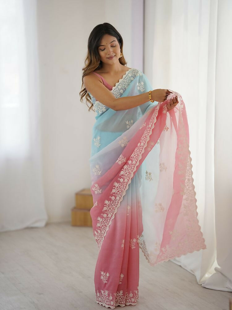 Rust Crunchy Silk Embroidery Work Party Wear Saree - Lakshita