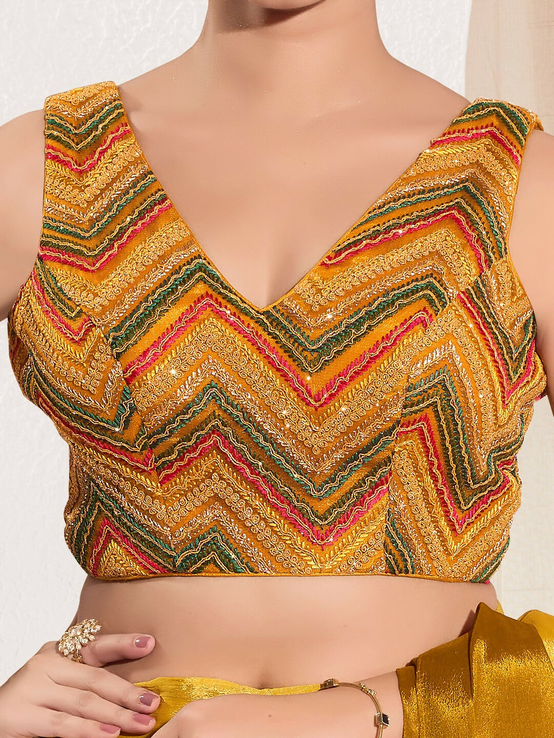 Joban Fashion Mustard Net Padded Blouse With V Neck Sleeveless