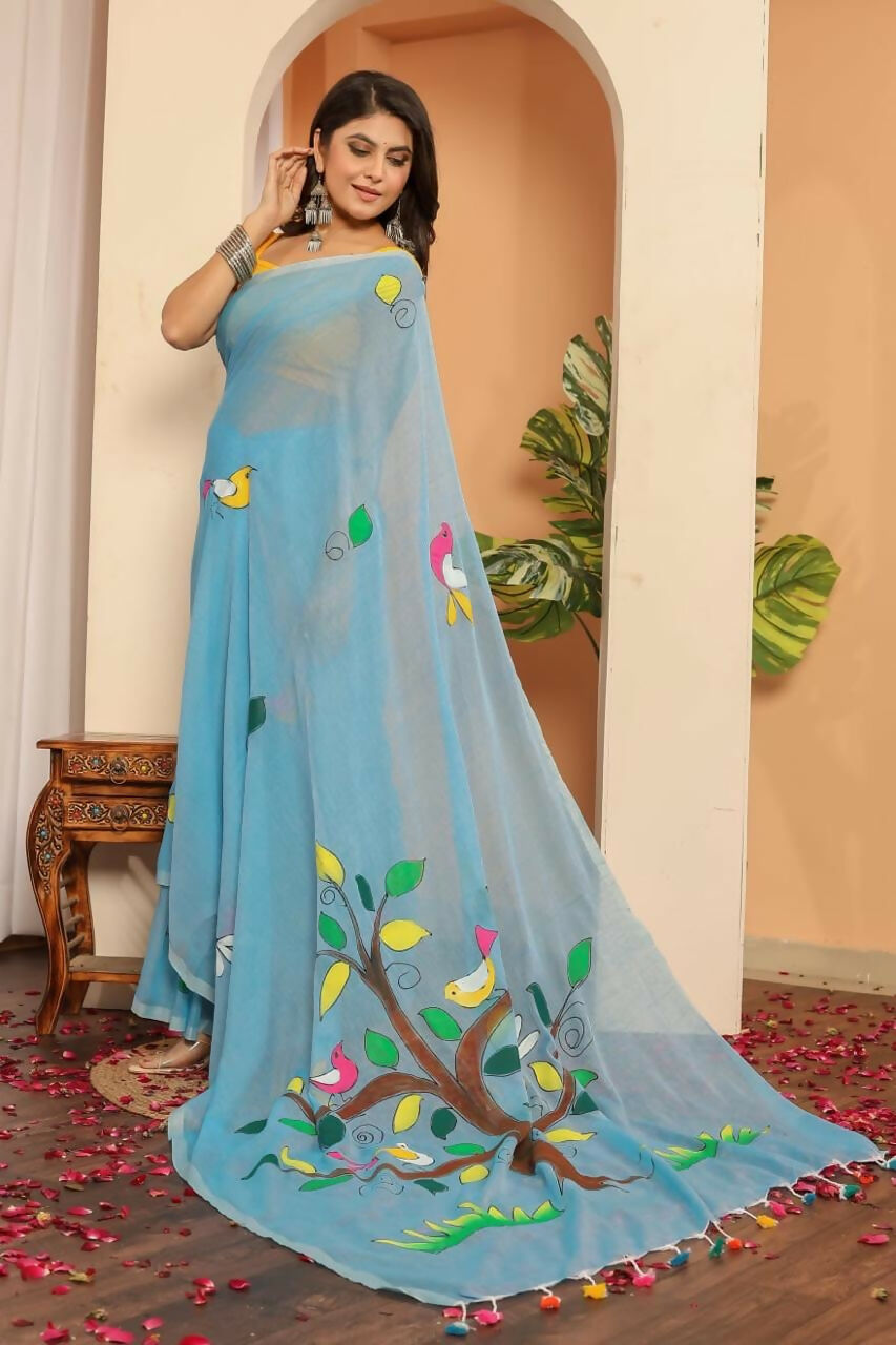Exclusive Collection Beautiful Light Sky Pure Cotton Hand Print Handloom Saree With Running Blouse Piece