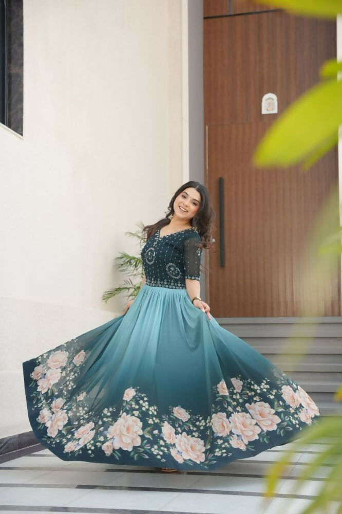 Vastranavya Teal Faux Blooming With Beads Embroidered work and Rich Floral Pedding Digital Print Gown