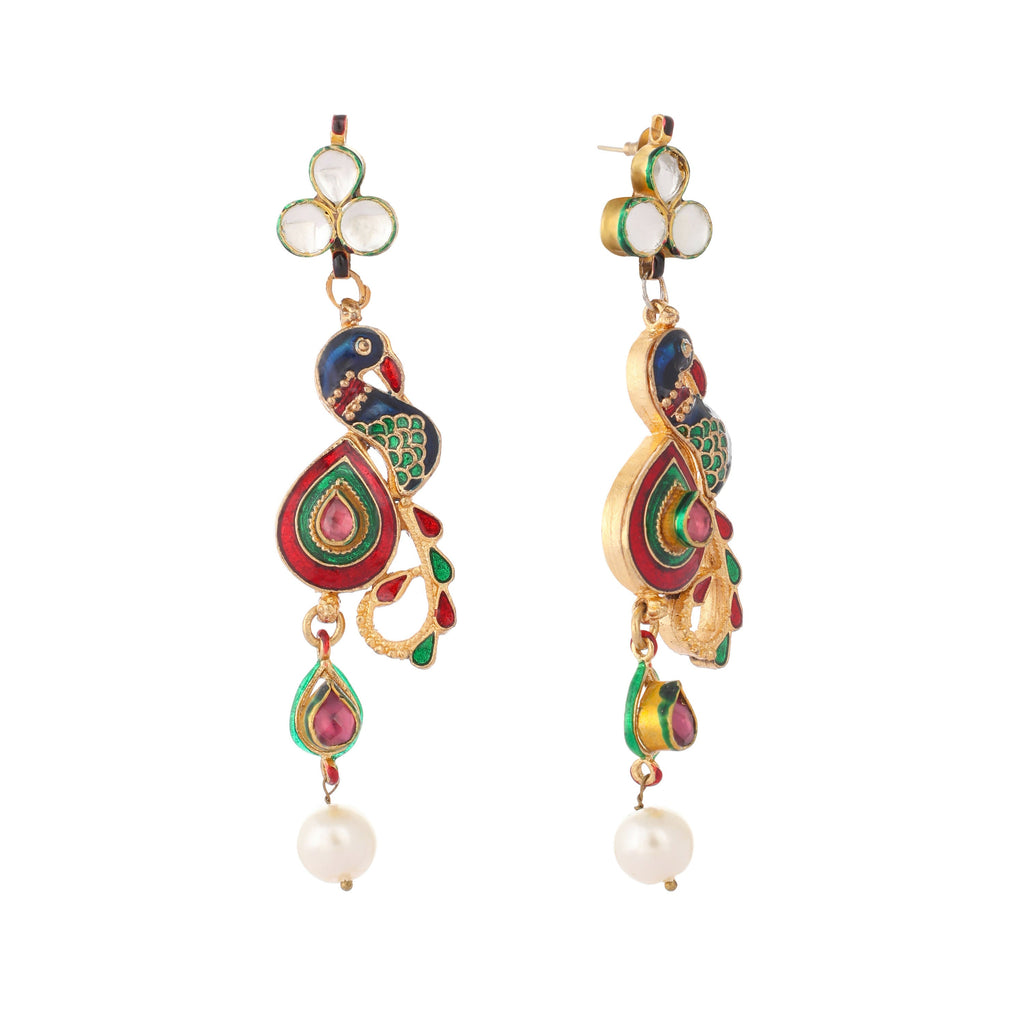 Nuyug 22K Gold Plated Pearl Drop Kundan Studded Ethnic Peacock Shaped Drop Earrings