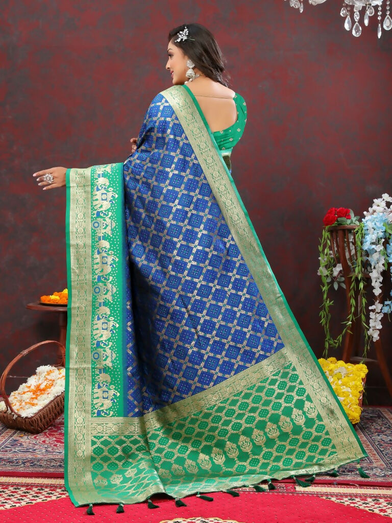 Vastranavya Royal Blue Soft Patola Silk With Meenakari Weaving Motifs And Rich Zari Weaving Pallu Saree With Matching Blouse Fabric