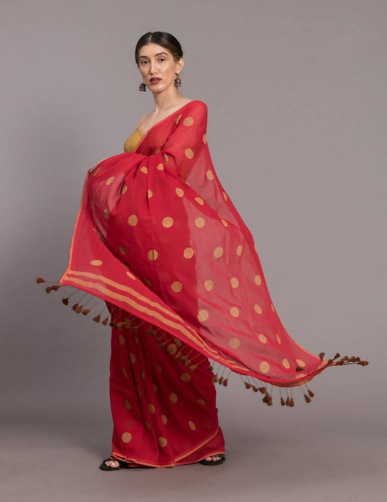 Suta Red Beige Polka Printed Pure Cotton Saree
