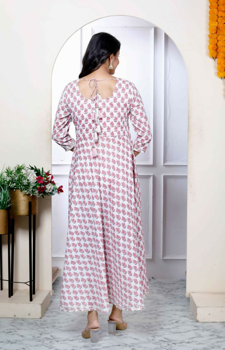 Miravan Women's Pink Pure Cotton Printed Anarkali Kurta