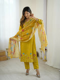 The52 Yellow Women's Gorgeous Embroidered work Viscose Gadhwal Fabric Straight Kurta, Pant and Dupatta Set