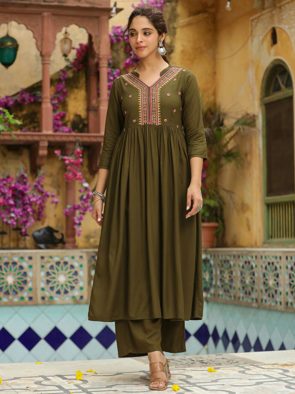 Janasya Olive Rayon Embroidered Kurta & Bottom