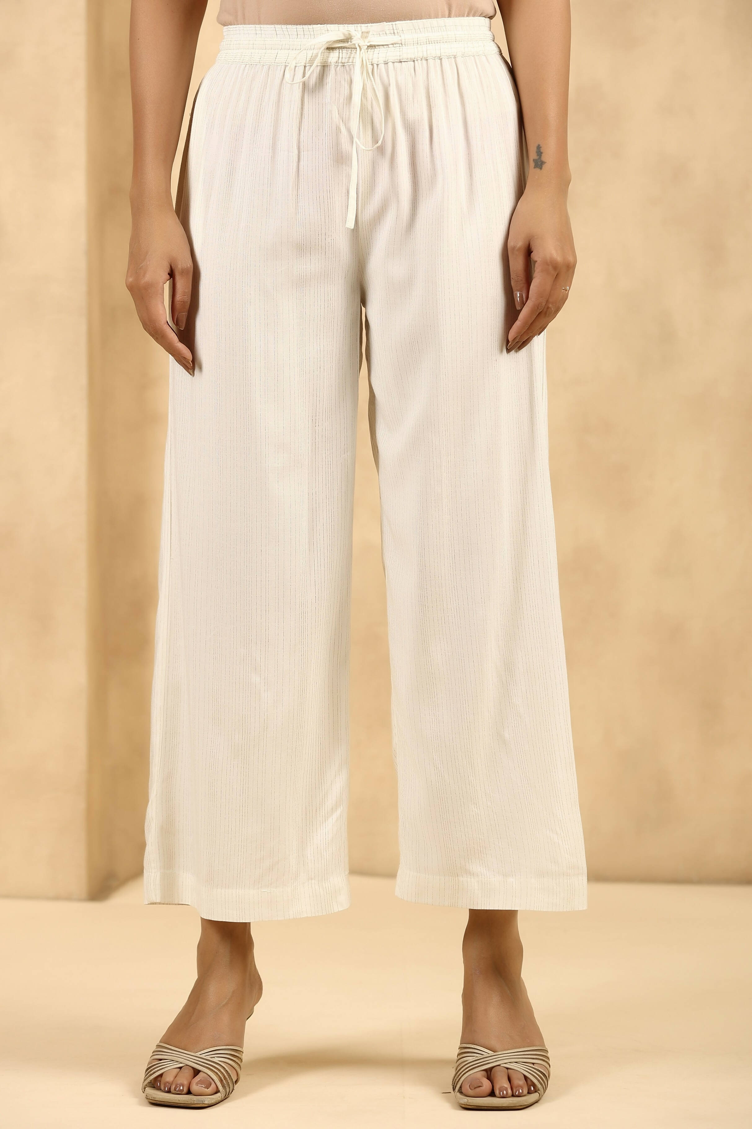 Juniper Women's Off-White Rayon Gold Printed Wide Leg Palazzo