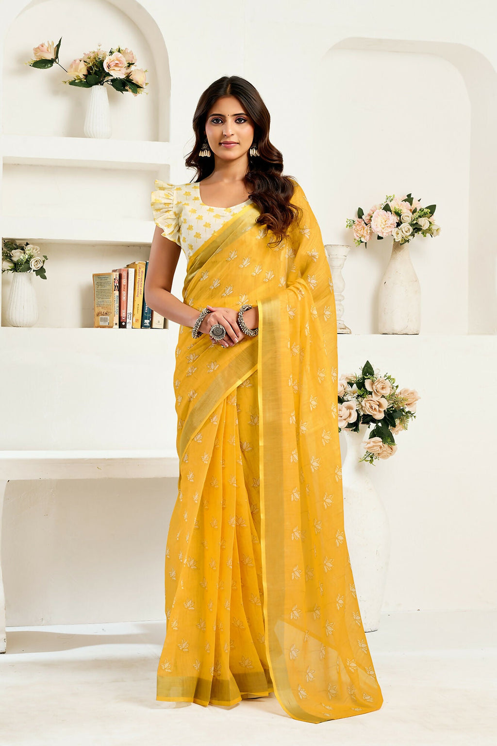Vastranavya Yellow Digital Printed Linen Ready To Wear Designer Saree with Unstitched Blouse