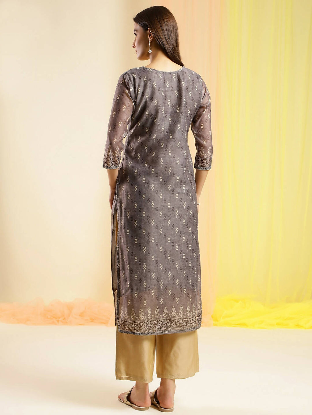 Grey Chinon Digital Printed With Hand Work Kurta - Himanshi