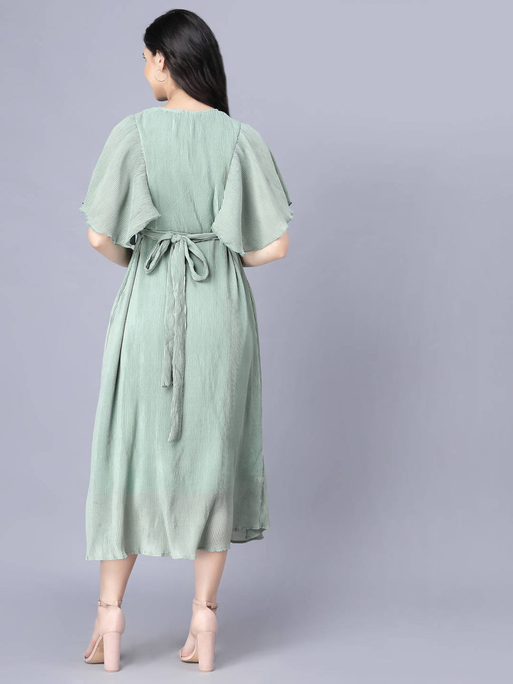 Myshka Chiffon Solid Short Sleeve V Neck Green Women Dress