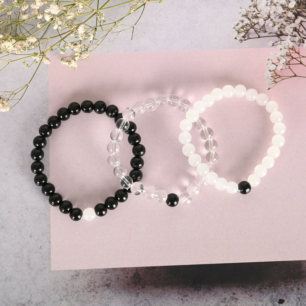 NVR Men & Women Transparent & White & Black Marbel Crystal Elasticated Bracelet