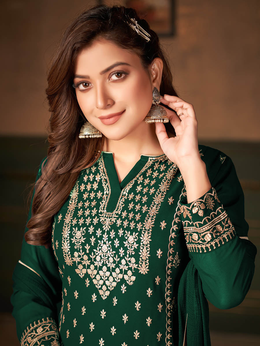 Myra Green Faux Georgette Embroidered Sharara Suit