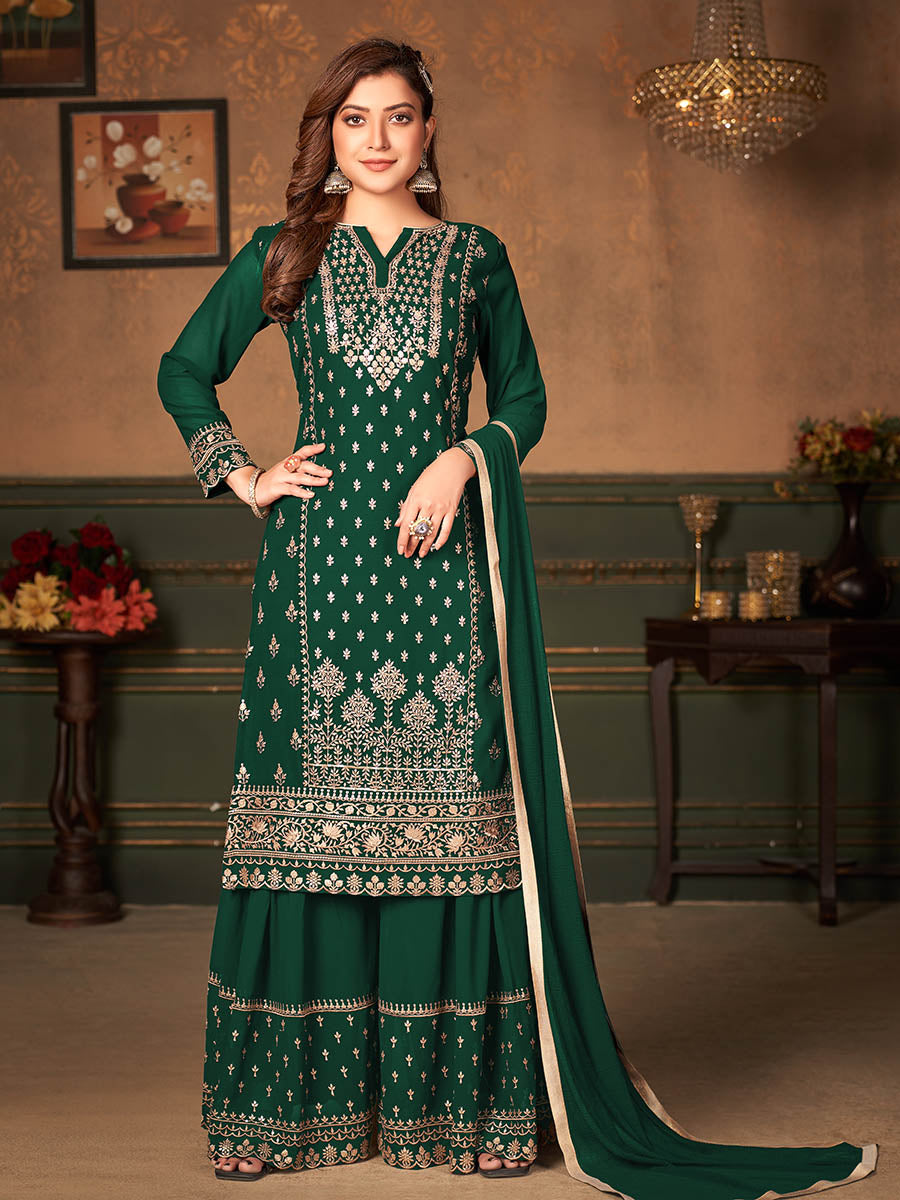 Myra Green Faux Georgette Embroidered Sharara Suit
