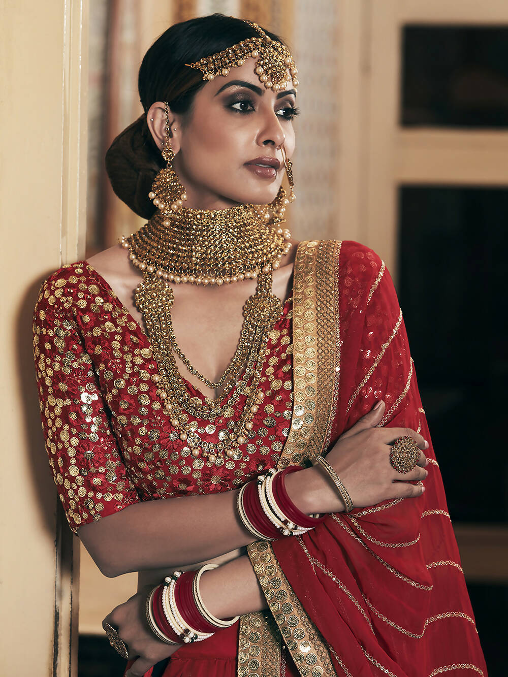Wedding Designer Sequene Zari Resham Embroidery Red Georgette Lahengha Choli - Anbazaar