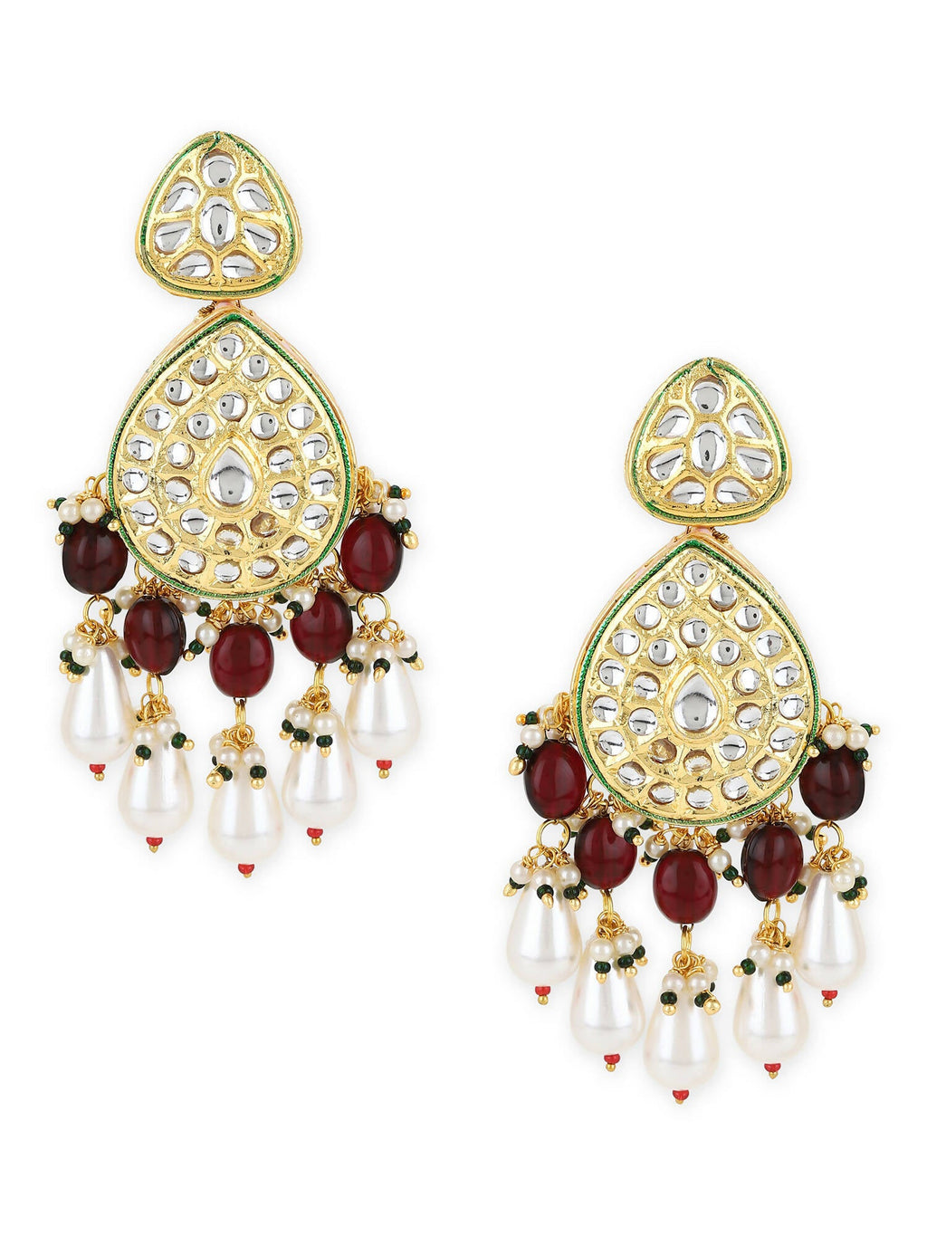 Gold-Toned White Kundan Contemporary Gold-Polished Jhumkas Earrings - Ruby Raang