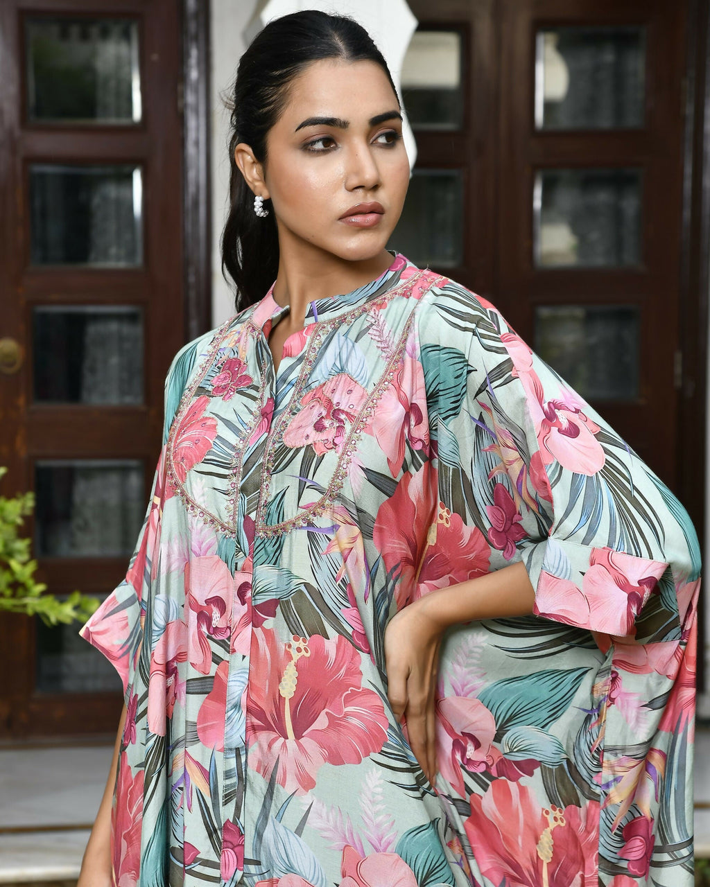 Vaasva Women's Aqua Musline Viscose Digital Printed Kaftan Pant Set