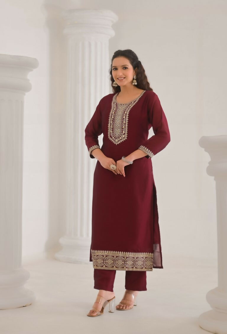 Ethnic Festive Wear Vichitra Silk Wine Stitched Suit With Dupatta - Tanisha