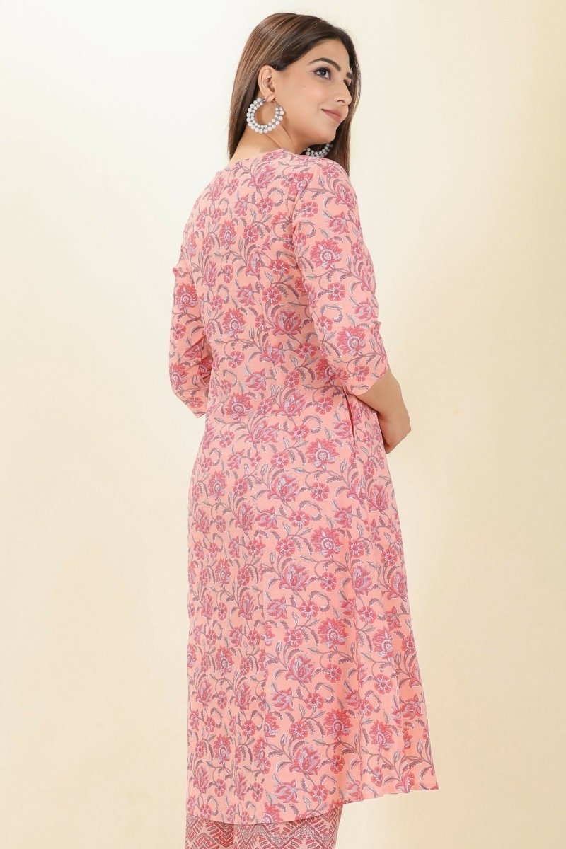 Aramya Pink Soft Cotton Floral A-line Kurta for Women