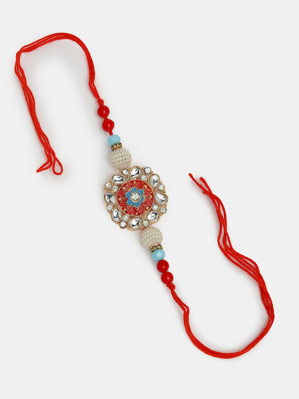 NVR Women & Men Set of 2 Red-colored Stone-Studded & Beaded Bhaiya Bhabhi Rakhi With Roli Chawal