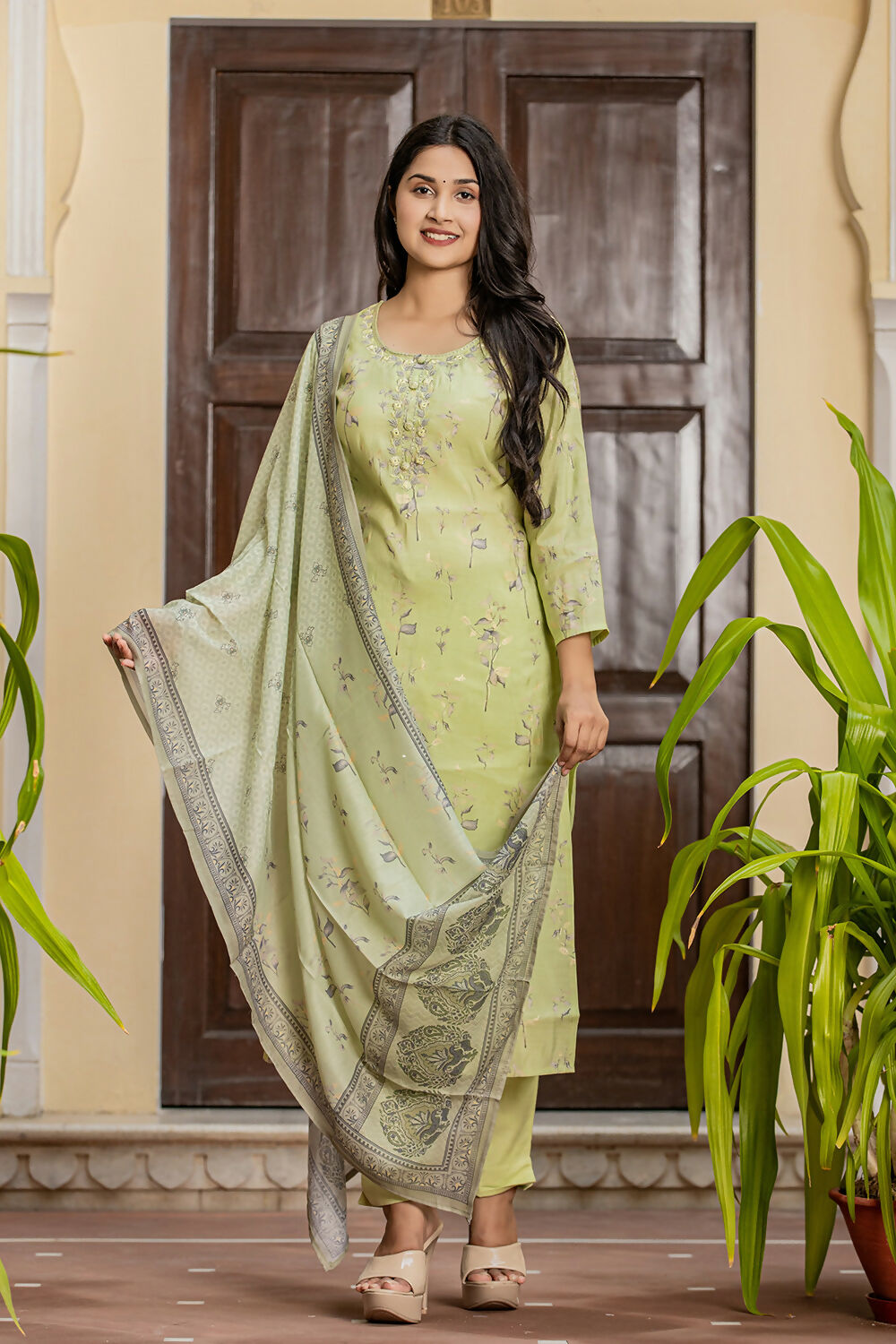 Kaajh Women's Green Printed Modal Silk Suit Set