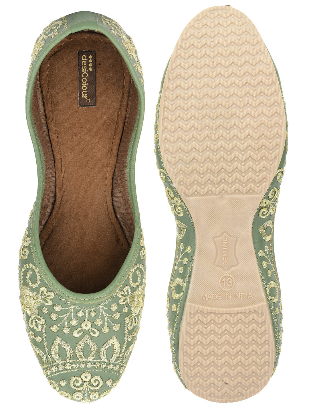 Desi Colour Women Indian Ethnic Footwear-Cushioned Green Embroidered
