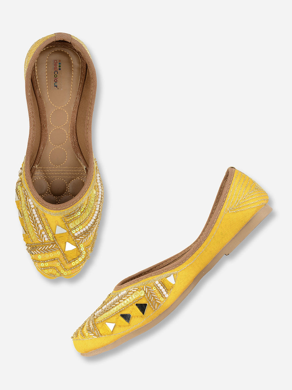 Desi Colour Women Indian Ethnic Footwear-Yellow Mirror Emb
