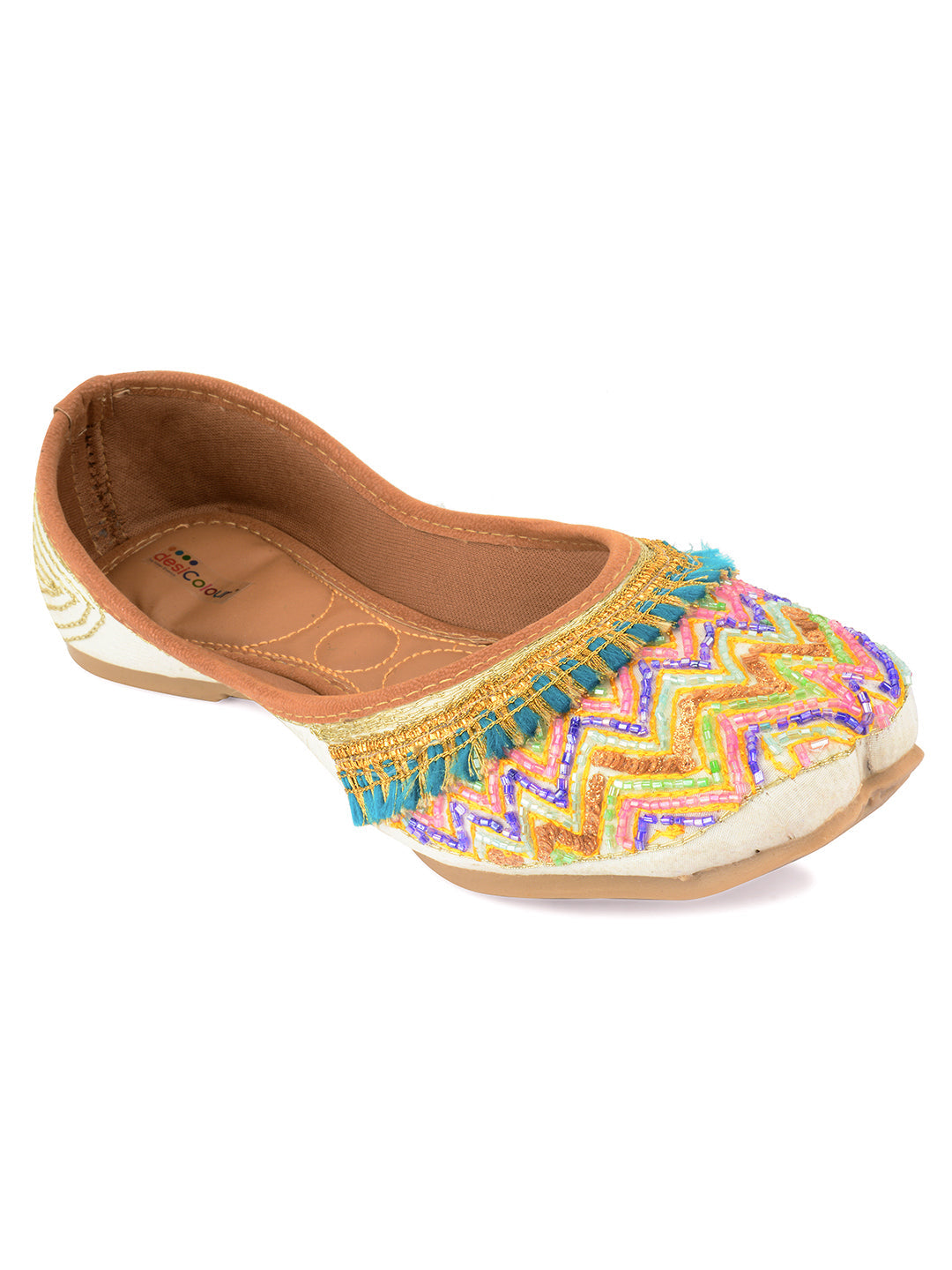 Desi Colour Women Indian Ethnic Footwear-White Multi Zigzag