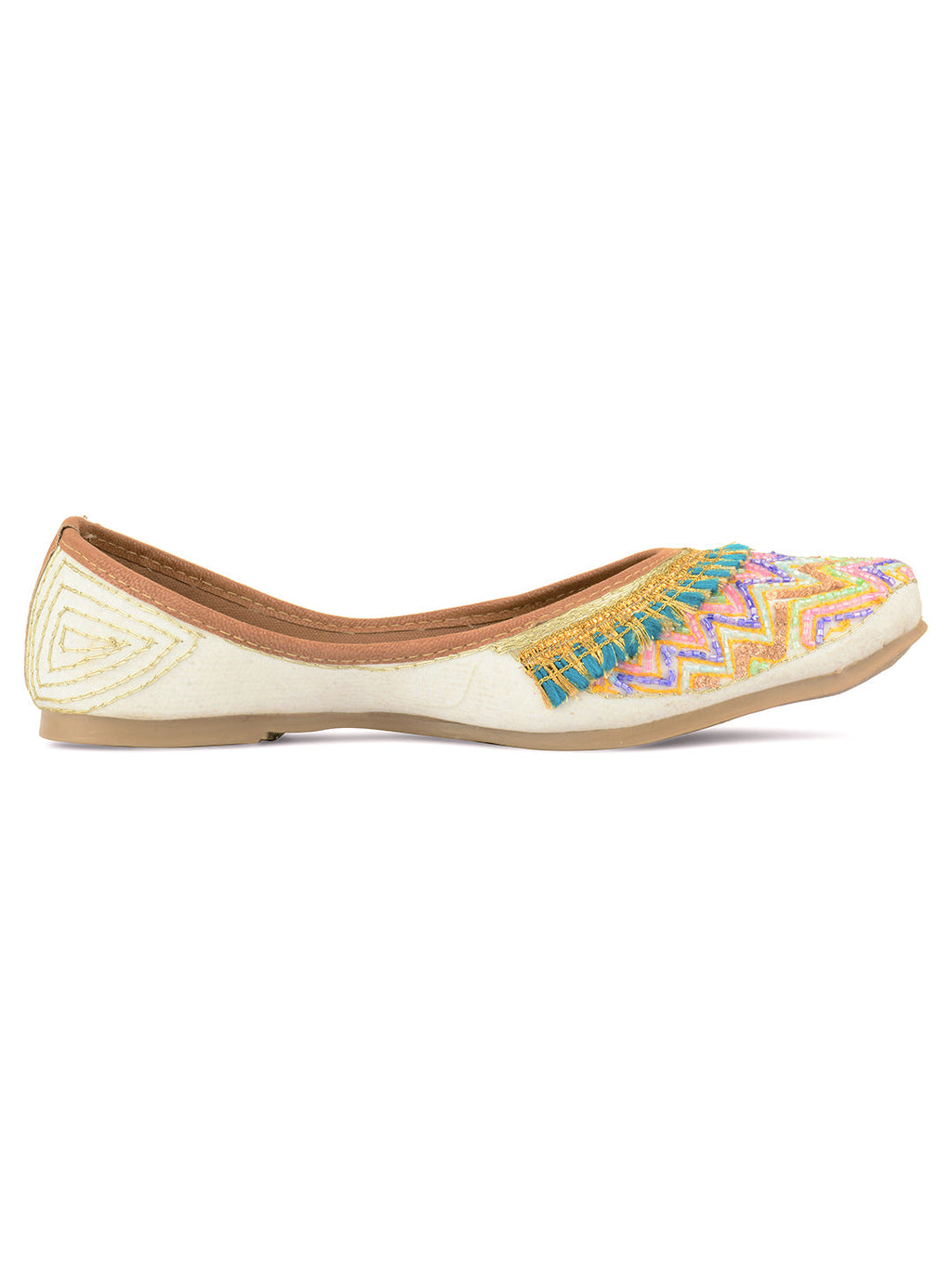 Desi Colour Women Indian Ethnic Footwear-White Multi Zigzag