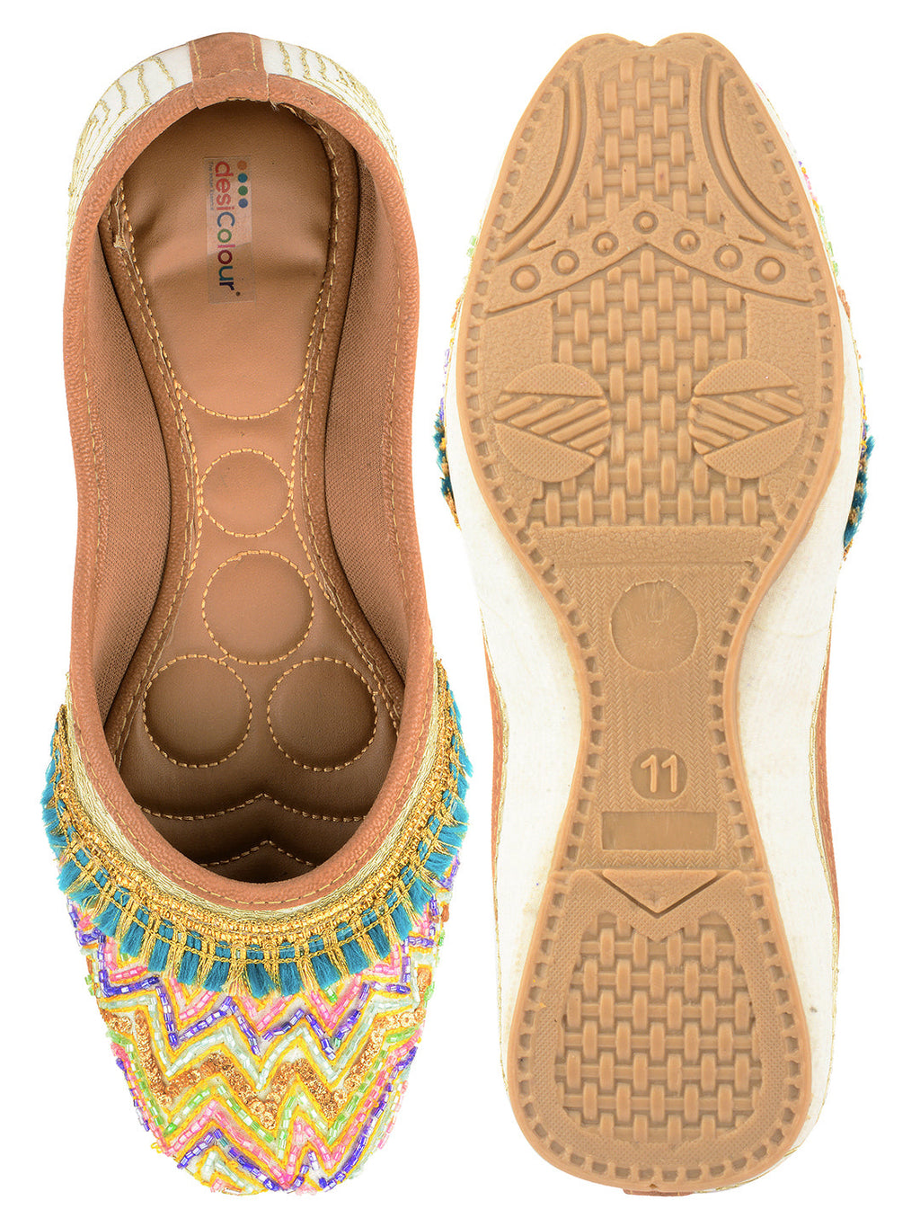 Desi Colour Women Indian Ethnic Footwear-White Multi Zigzag