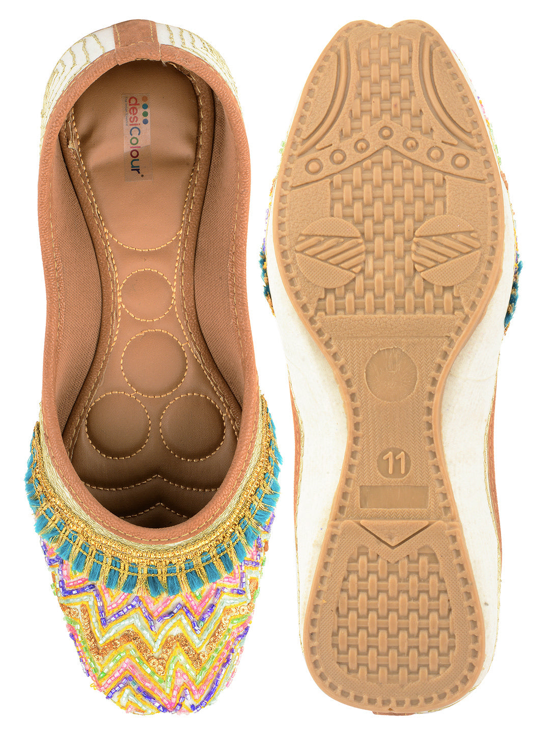 Desi Colour Women Indian Ethnic Footwear-White Multi Zigzag